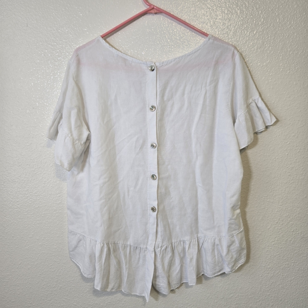 ME & GEE Italy Top Linen Cotton Ruffle Sleeve Peplum Abalone Button Up Back NWT - Picture 4 of 7